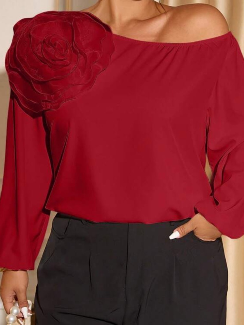 NWOT Red One-Shoulder Satin Top with Floral Accent - Picture 8 of 10
